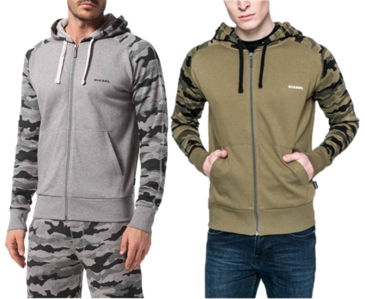 Diesel Brianz Sweat à Capuche Zippé Homme Camoufludge Sweats Décontractés à Capuche Hauts Gris/kaki
