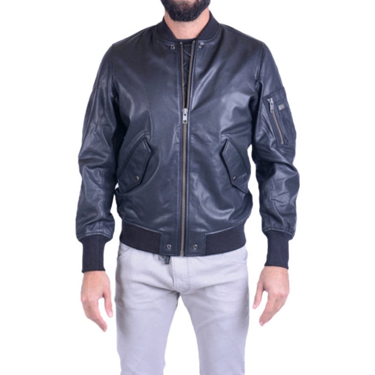 Diesel L Parker Blouson Aviateur Homme Cuir Véritable Côtelé Noir Vêtements D'hiver