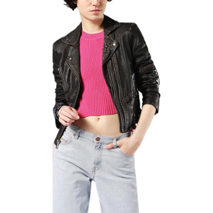 Diesel L Terry Veste De Motard Pour Femme En Cuir Véritable à Manches Longues Manteau De Café Racer