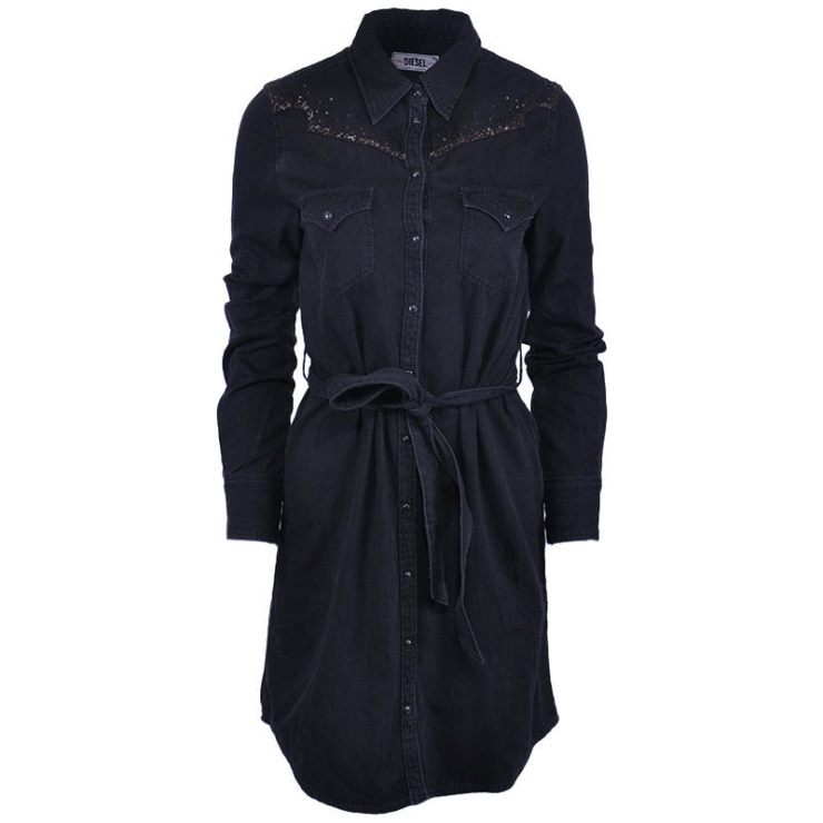 De Pilka W Abito Osacd 900 Robe En Jean Pour Femmes Noir Maxi Hauts à Manches Longues Diesel